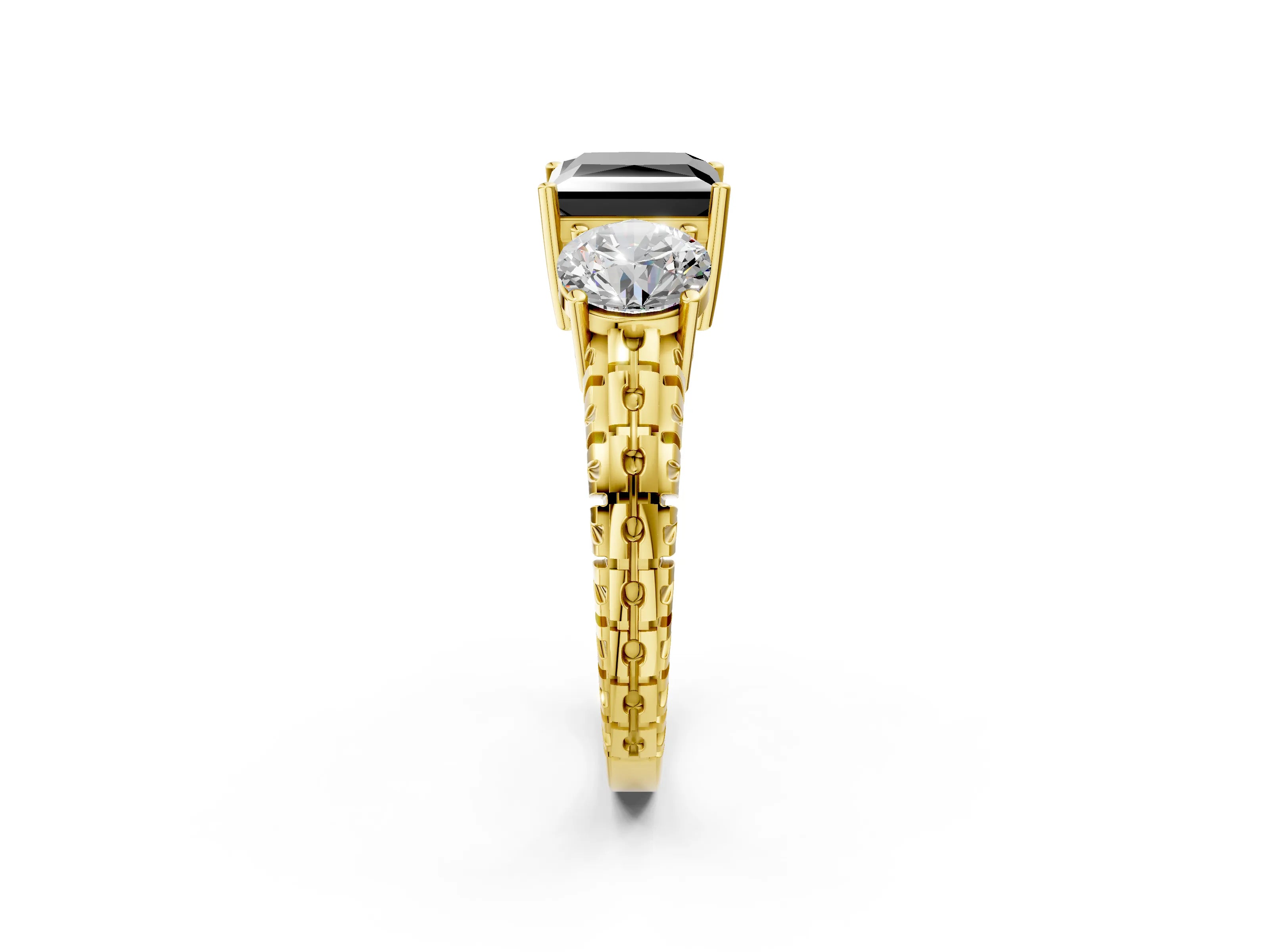 Yellow gold Three-Stone Fancy Black Princess Cut Cut Diamond Ring with Channel-Set Band and Prong Setting_2
