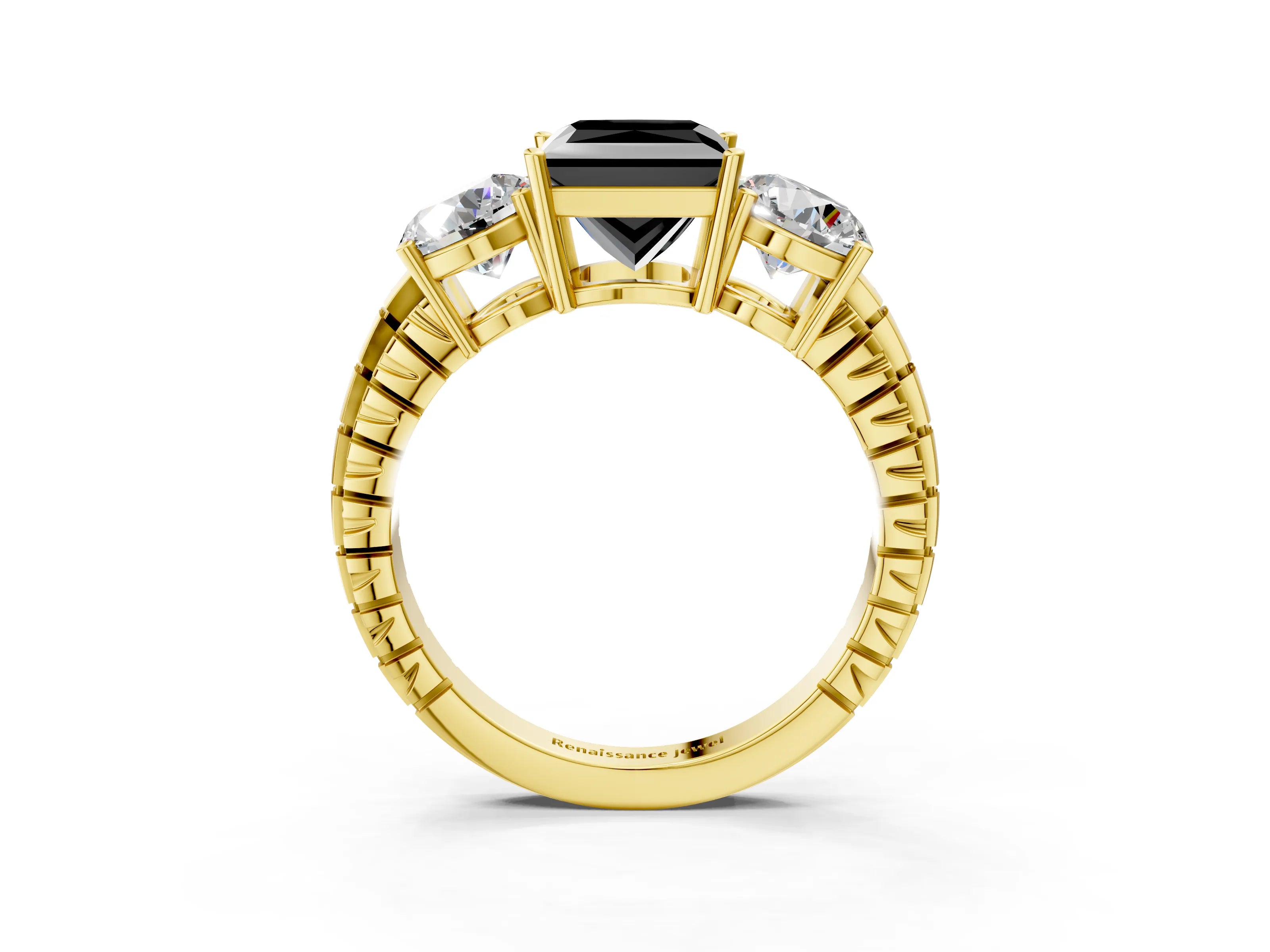 Yellow gold Three-Stone Fancy Black Princess Cut Cut Diamond Ring with Channel-Set Band and Prong Setting_3