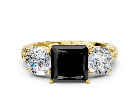 Yellow gold Three-Stone Fancy Black Princess Cut Cut Diamond Ring with Channel-Set Band and Prong Setting