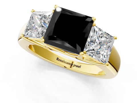 Yellow gold Three-Stone Fancy Black Princess Cut Cut Diamond Ring with Prong Setting and Classic Band_1