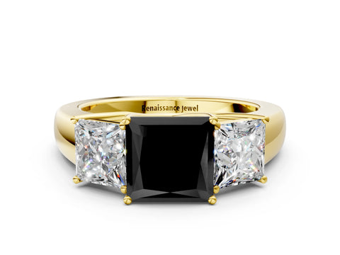 Yellow gold Three-Stone Fancy Black Princess Cut Cut Diamond Ring with Prong Setting and Classic Band