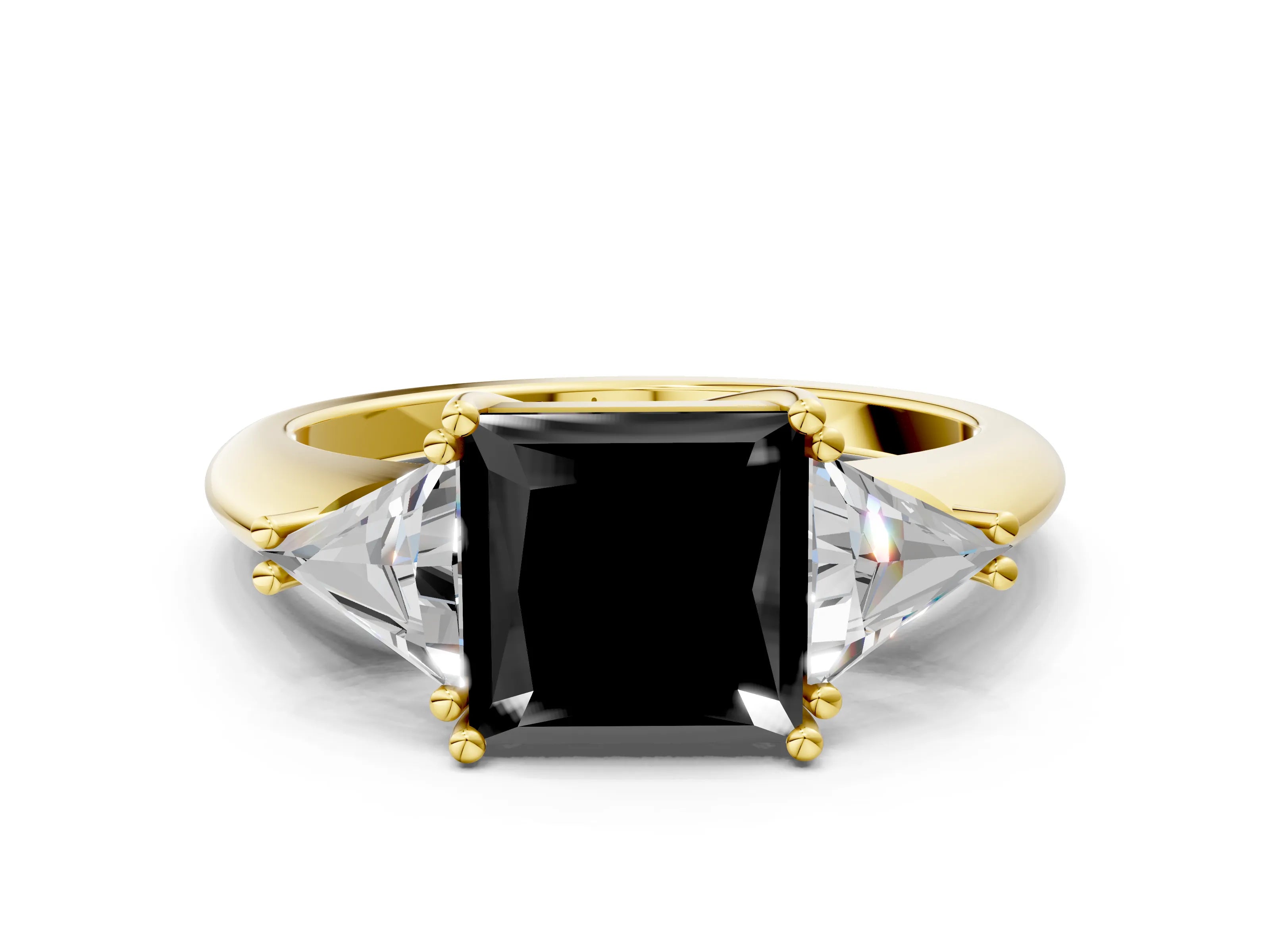 Yellow gold Three-Stone Fancy Black Princess Cut Cut Diamond Ring with Trillion Side Stones and Four-Prong Setting_3