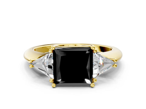 Yellow gold Three-Stone Fancy Black Princess Cut Cut Diamond Ring with Trillion Side Stones and Four-Prong Setting_3