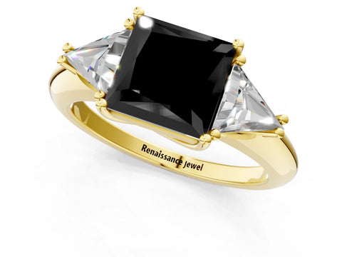 Yellow gold Three-Stone Fancy Black Princess Cut Cut Diamond Ring with Trillion Side Stones and Four-Prong Setting_4