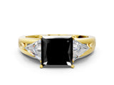Yellow gold Three-Stone Fancy Black Princess Cut Cut Diamond Ring with Trillion Side Stones on a Split Shank Band