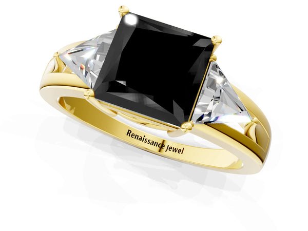 Yellow Gold Princess Cut Split Shank Three Stone Engagement Ring Setting for Black Center