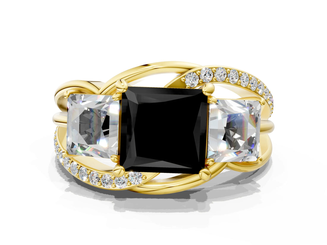 Yellow gold Three-Stone Fancy Black Princess Cut Cut Diamond Split Shank Prong Set Ring