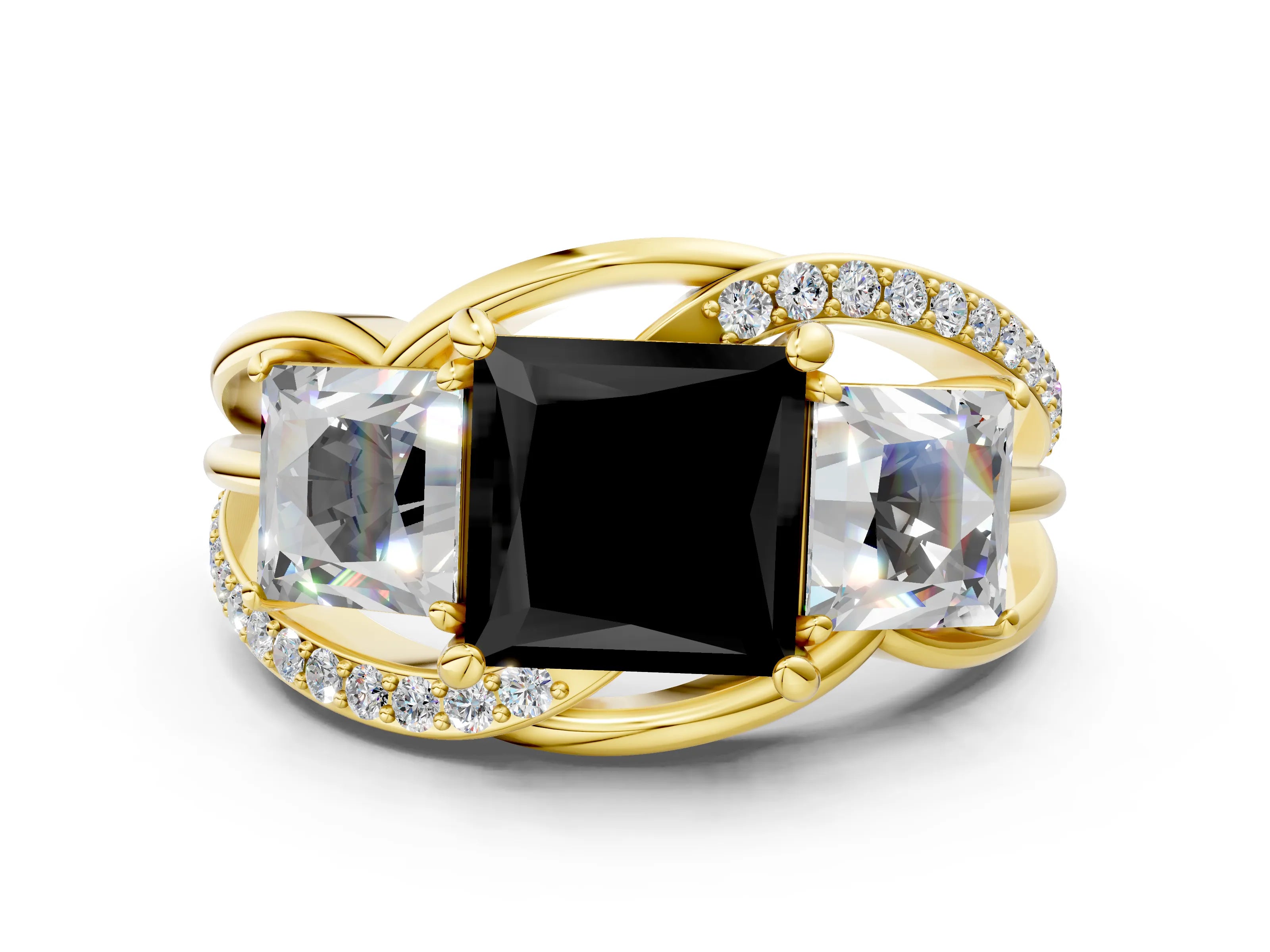 Yellow gold Three-Stone Fancy Black Princess Cut Cut Diamond Split Shank Prong Set Ring_12