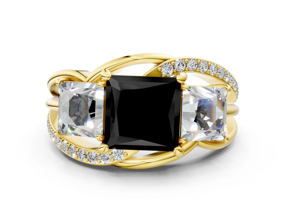 Yellow gold Three-Stone Fancy Black Princess Cut Cut Diamond Split Shank Prong Set Ring_12