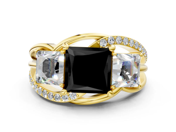 Yellow Gold Princess Cut Three Stone Split Shank Engagement Ring Setting for Black Center