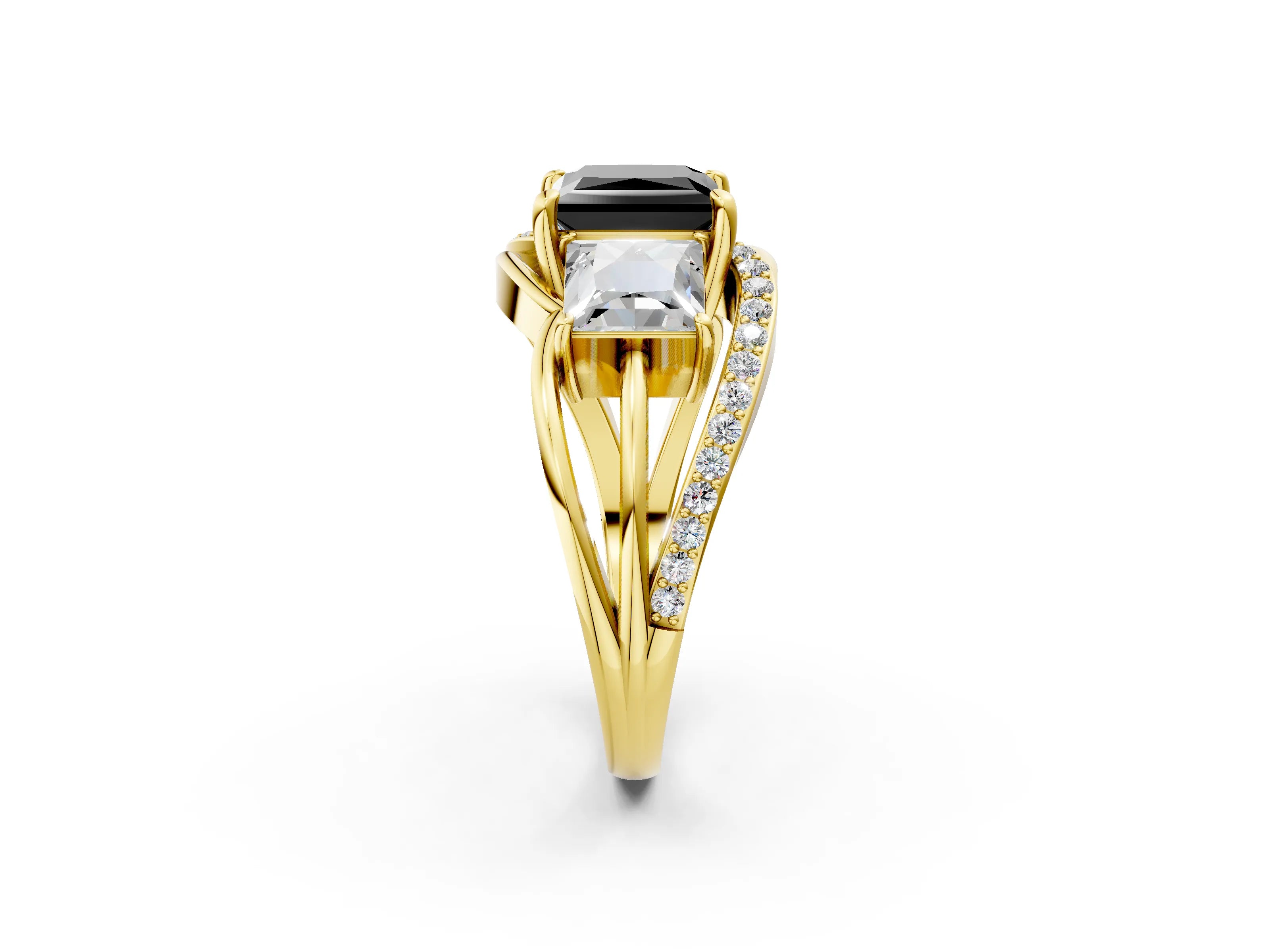 Yellow gold Three-Stone Fancy Black Princess Cut Cut Diamond Split Shank Prong Set Ring_14