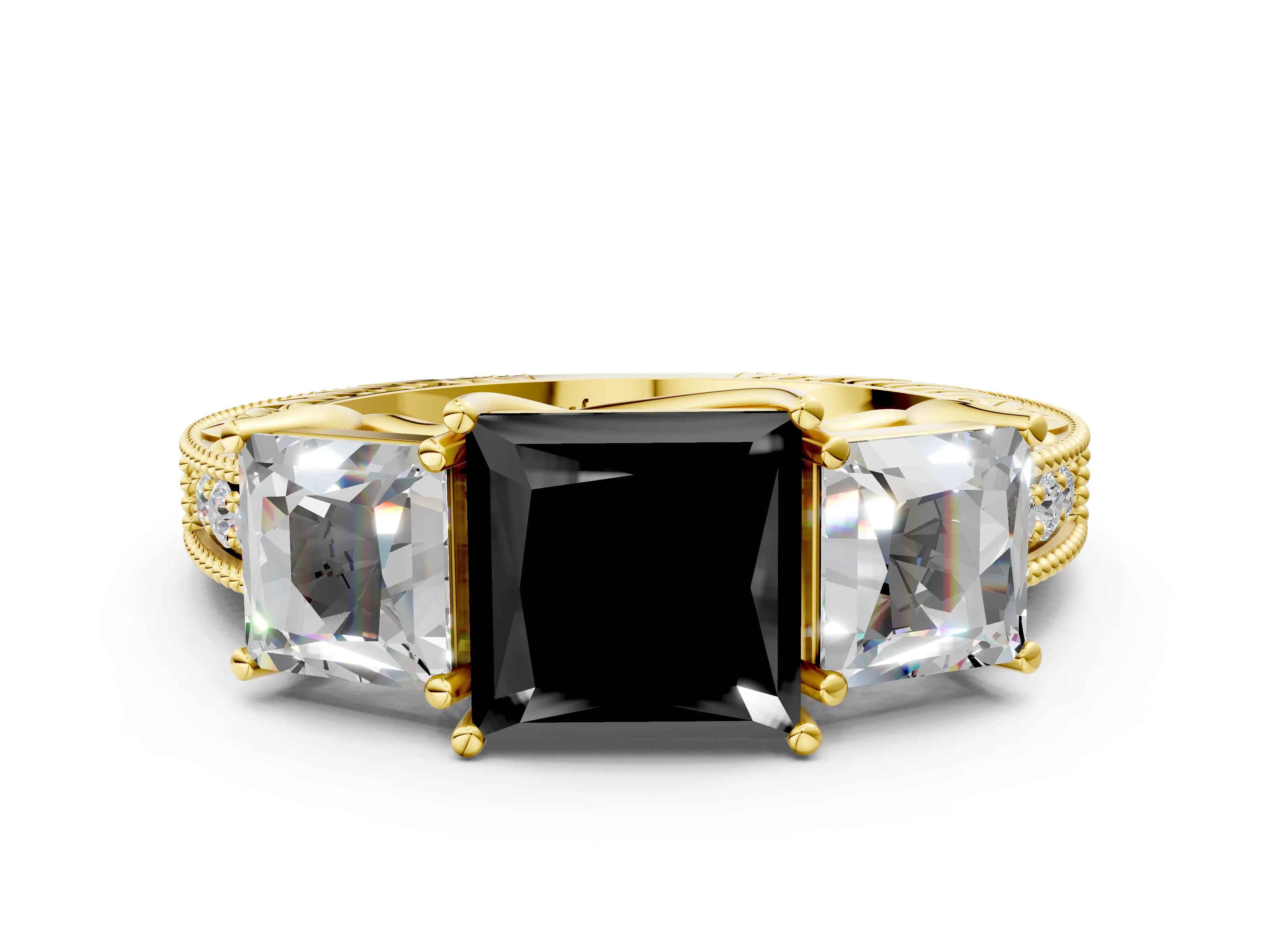 Yellow gold Three-Stone Fancy Black Princess Cut Cut Milgrain Pavé Engagement Ring