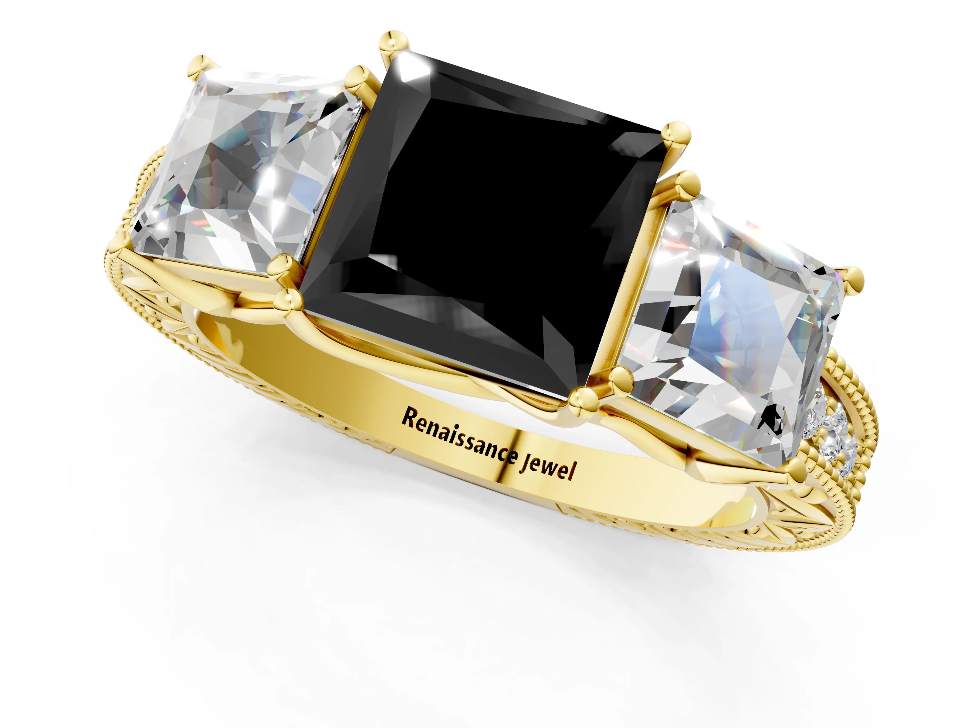 Yellow gold Three-Stone Fancy Black Princess Cut Cut Milgrain Pavé Engagement Ring_1