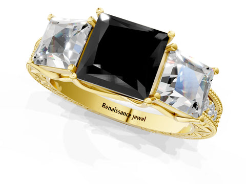 Yellow gold Three-Stone Fancy Black Princess Cut Cut Milgrain Pavé Engagement Ring_13