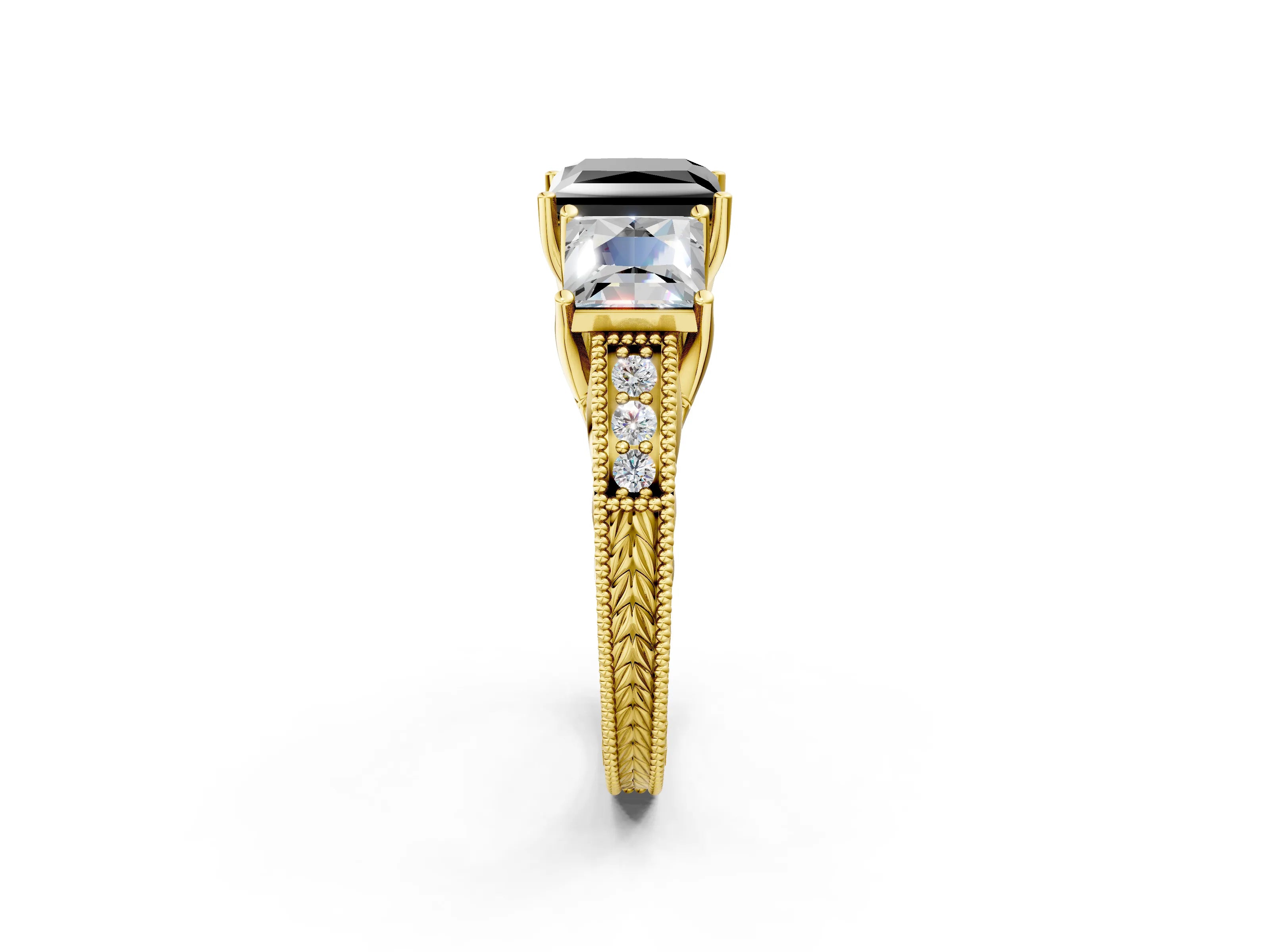 Yellow gold Three-Stone Fancy Black Princess Cut Cut Milgrain Pavé Engagement Ring_14