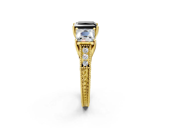 Yellow Gold Princess Cut Engraved Three Stone Engagement Ring Setting for Black Center