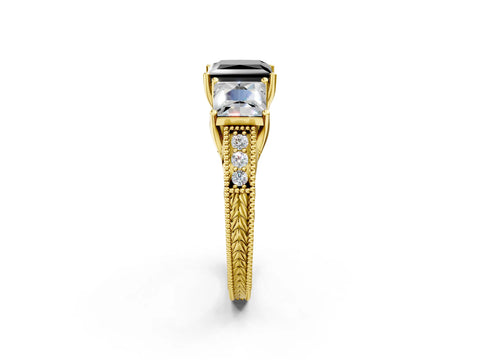 Yellow gold Three-Stone Fancy Black Princess Cut Cut Milgrain Pavé Engagement Ring_14