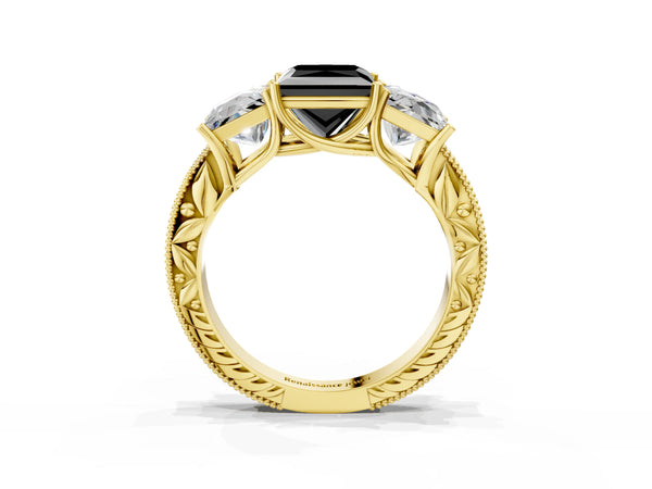 Yellow Gold Princess Cut Engraved Three Stone Engagement Ring Setting for Black Center