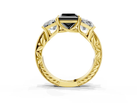 Yellow gold Three-Stone Fancy Black Princess Cut Cut Milgrain Pavé Engagement Ring_15