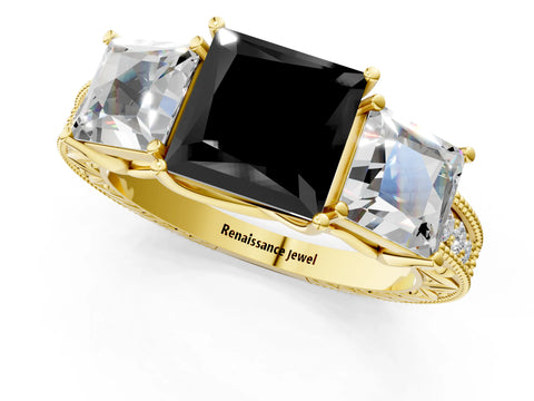 Yellow gold Three-Stone Fancy Black Princess Cut Cut Milgrain Pavé Engagement Ring_1