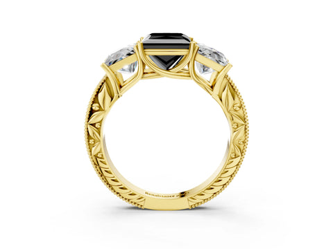 Yellow gold Three-Stone Fancy Black Princess Cut Cut Milgrain Pavé Engagement Ring_3