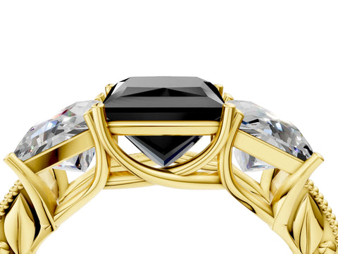 Yellow gold Three-Stone Fancy Black Princess Cut Cut Milgrain Pavé Engagement Ring_4