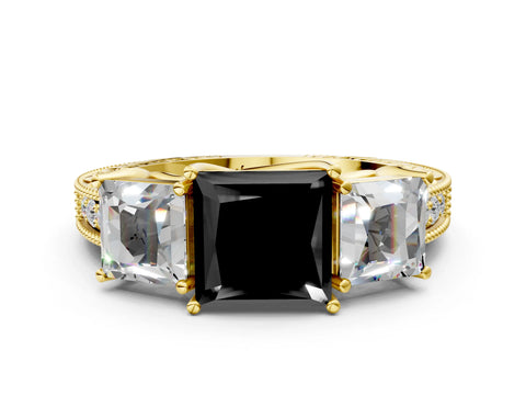 Yellow gold Three-Stone Fancy Black Princess Cut Cut Milgrain Pavé Engagement Ring