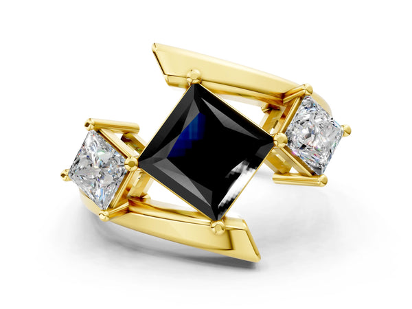 Yellow gold Three-Stone Fancy Black Princess Cut Cut Tension Band Ring with Four-Prong Setting