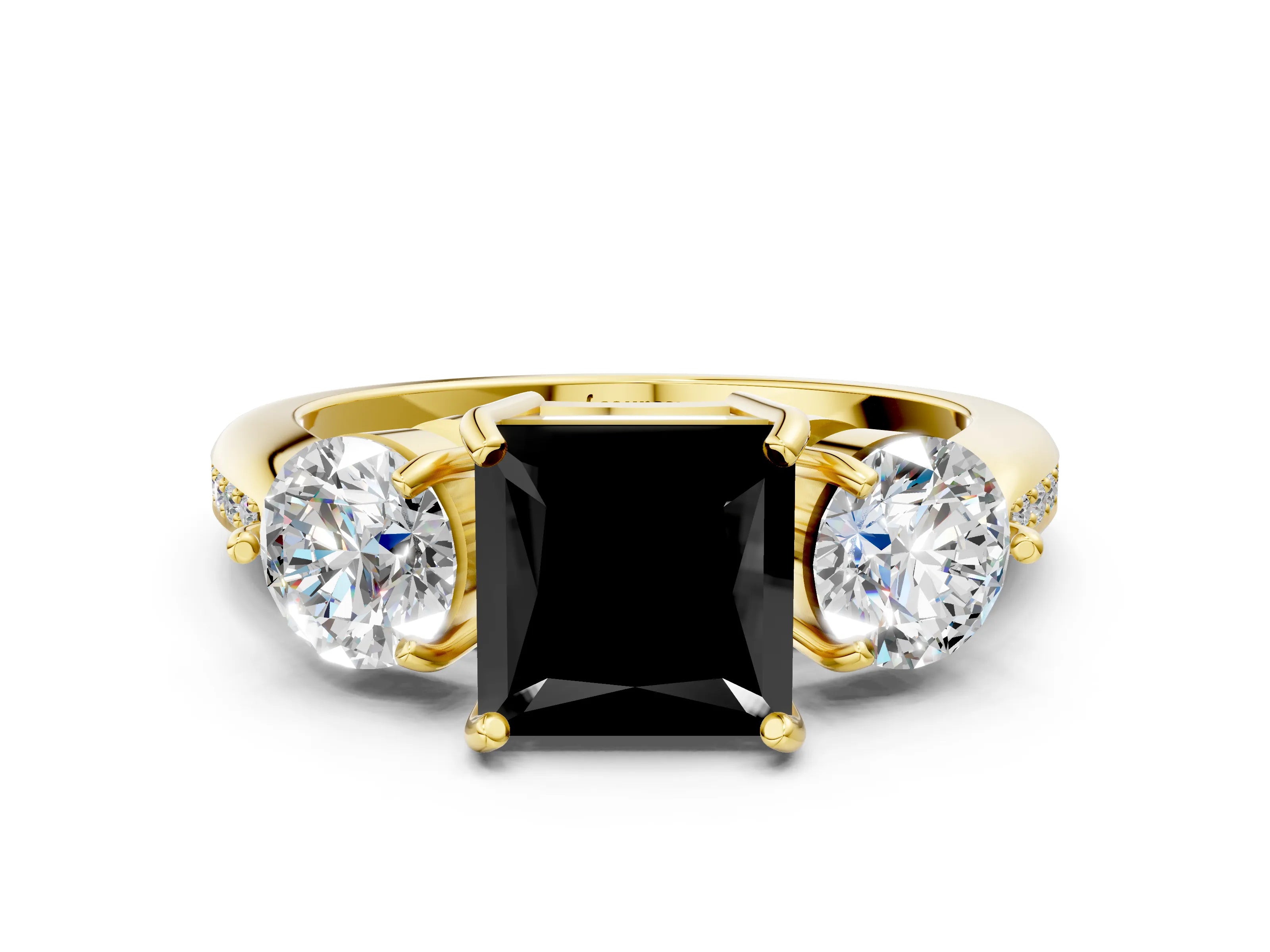 Yellow gold Three-Stone Fancy Black Princess Cut Diamond Channel Set Engagement Ring with Prong Setting