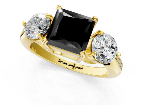 Yellow gold Three-Stone Fancy Black Princess Cut Diamond Channel Set Engagement Ring with Prong Setting_1