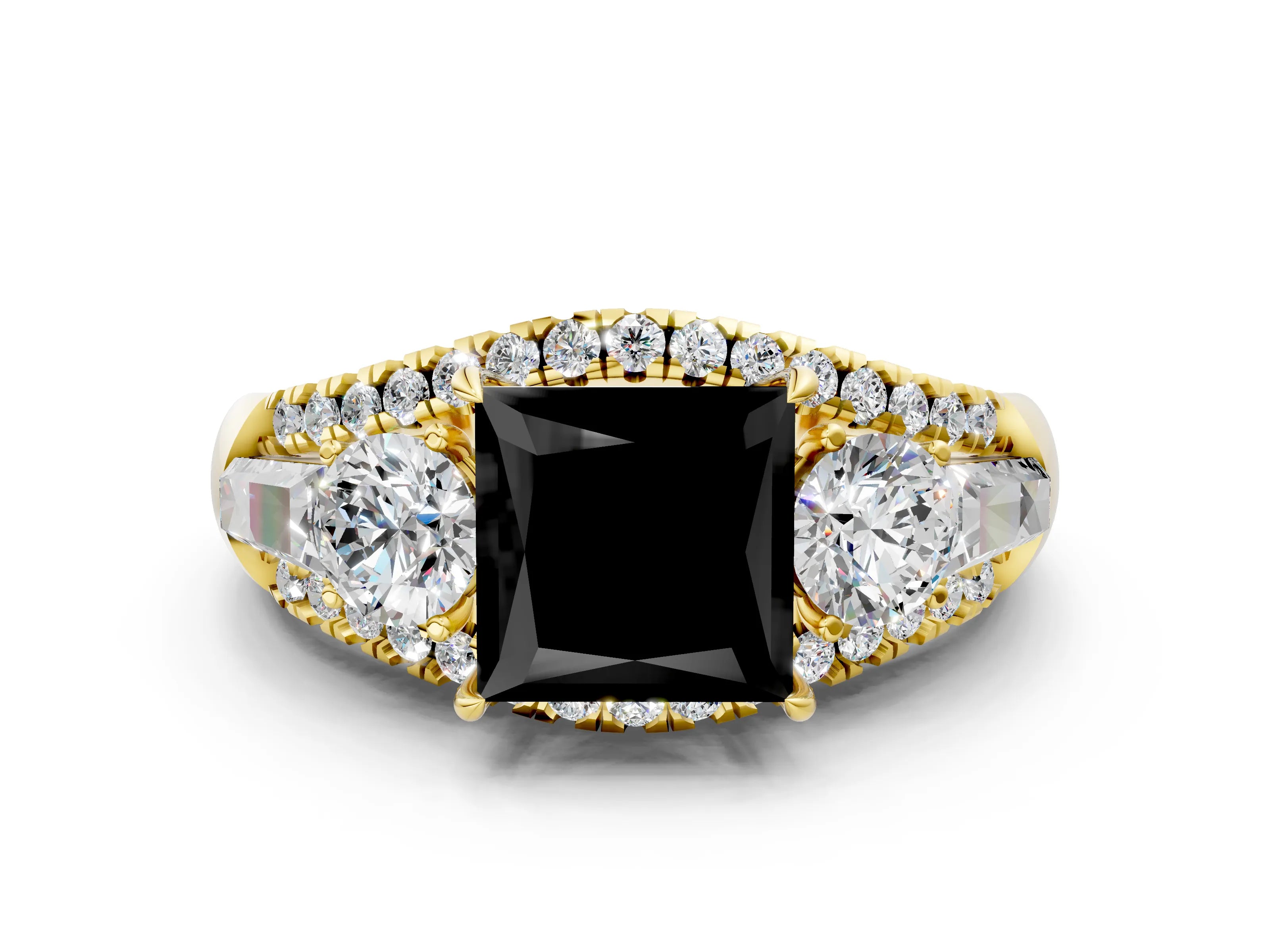 Yellow gold Three-Stone Fancy Black Princess Cut Diamond Engagement Ring with Pave Band and Prong Setting