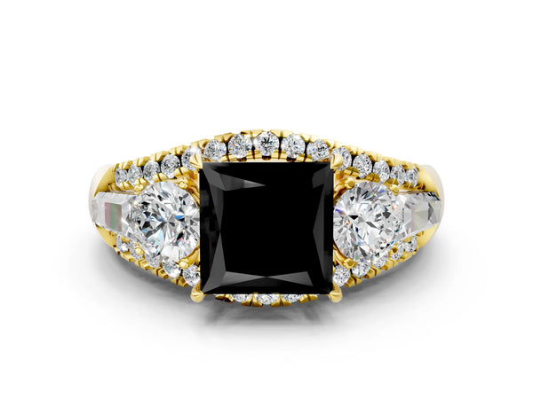 Yellow Gold Princess Cut Five Stone Baguette Engagement Ring Setting for Black Center