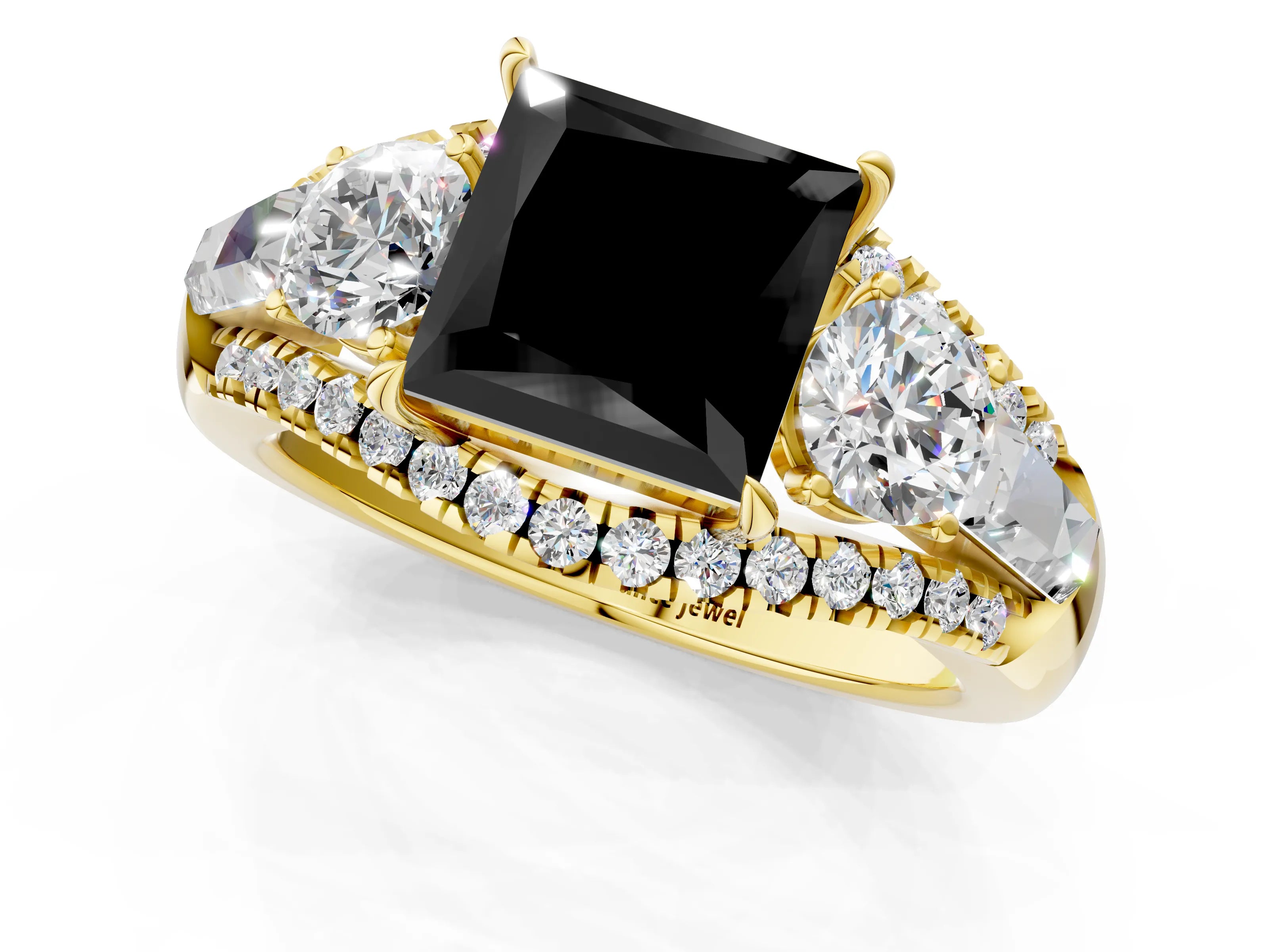 Yellow gold Three-Stone Fancy Black Princess Cut Diamond Engagement Ring with Pave Band and Prong Setting_1
