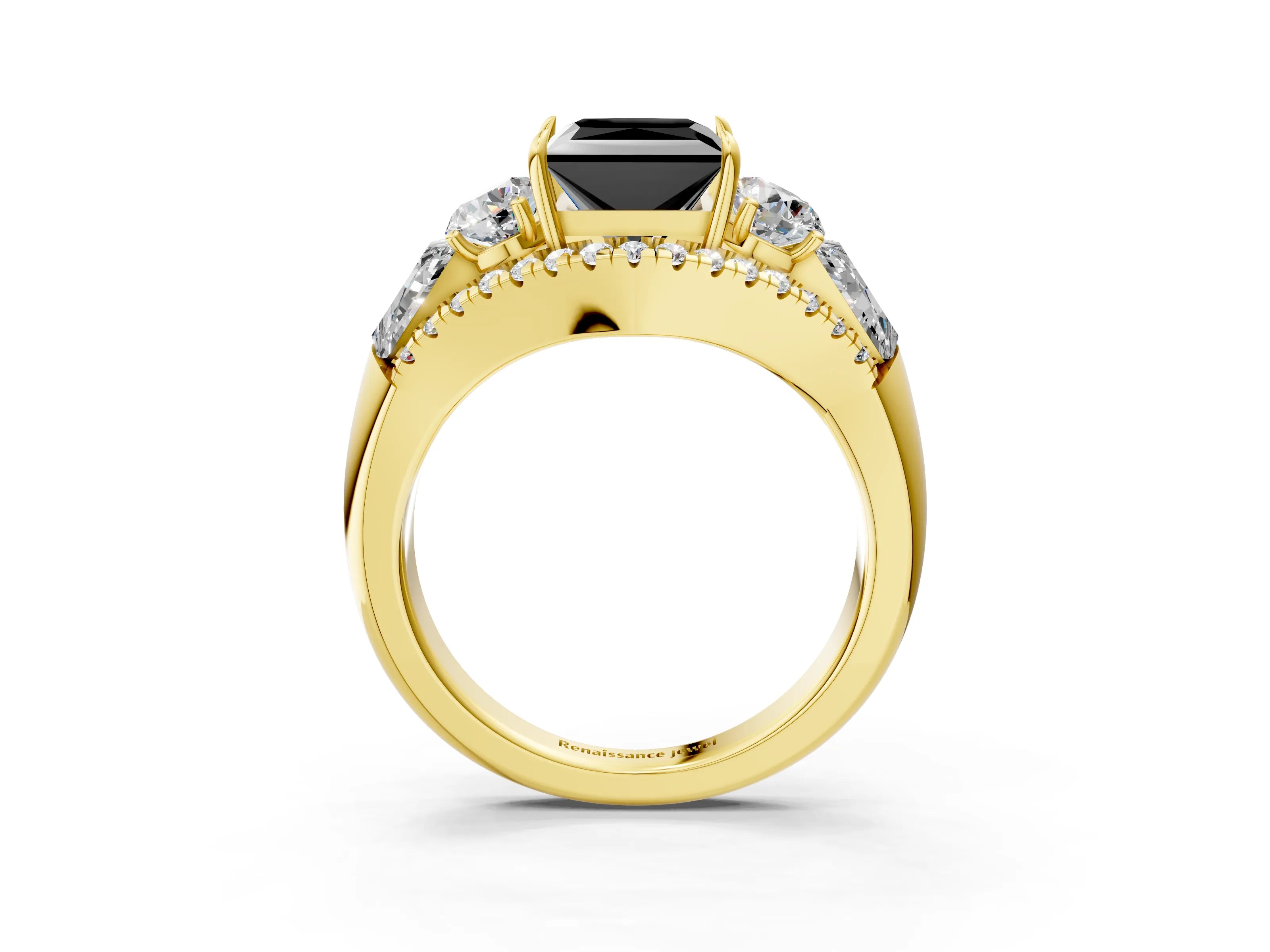 Yellow gold Three-Stone Fancy Black Princess Cut Diamond Engagement Ring with Pave Band and Prong Setting_3