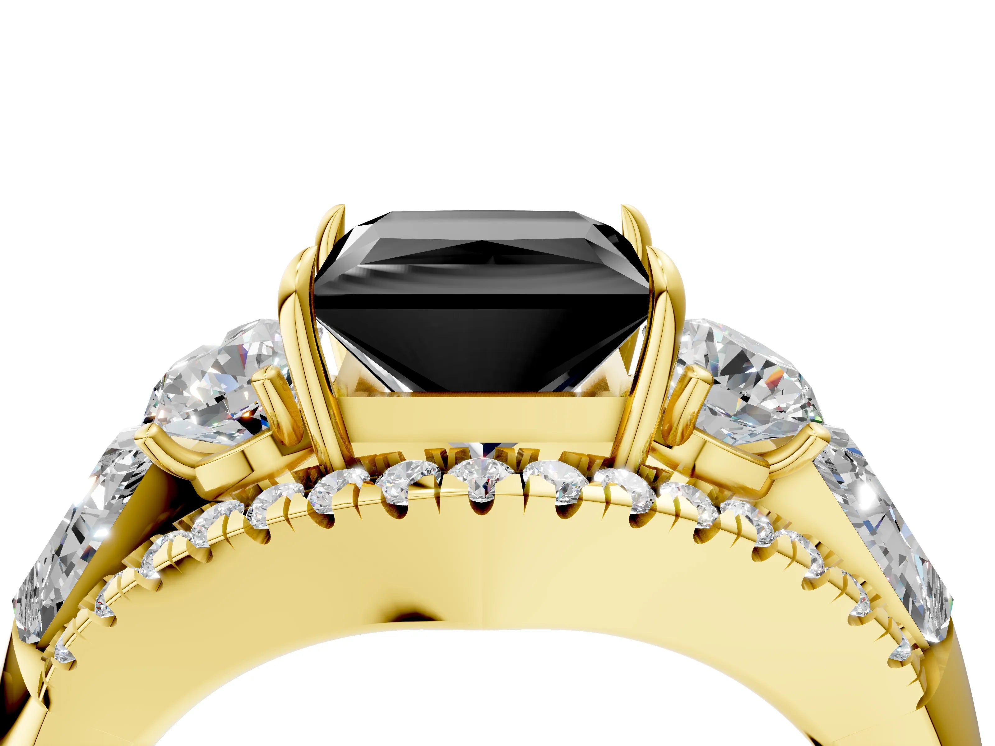 Yellow gold Three-Stone Fancy Black Princess Cut Diamond Engagement Ring with Pave Band and Prong Setting_4