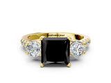 Yellow gold Three-Stone Fancy Black Princess Cut Diamond Pavé Band with Four-Prong Setting