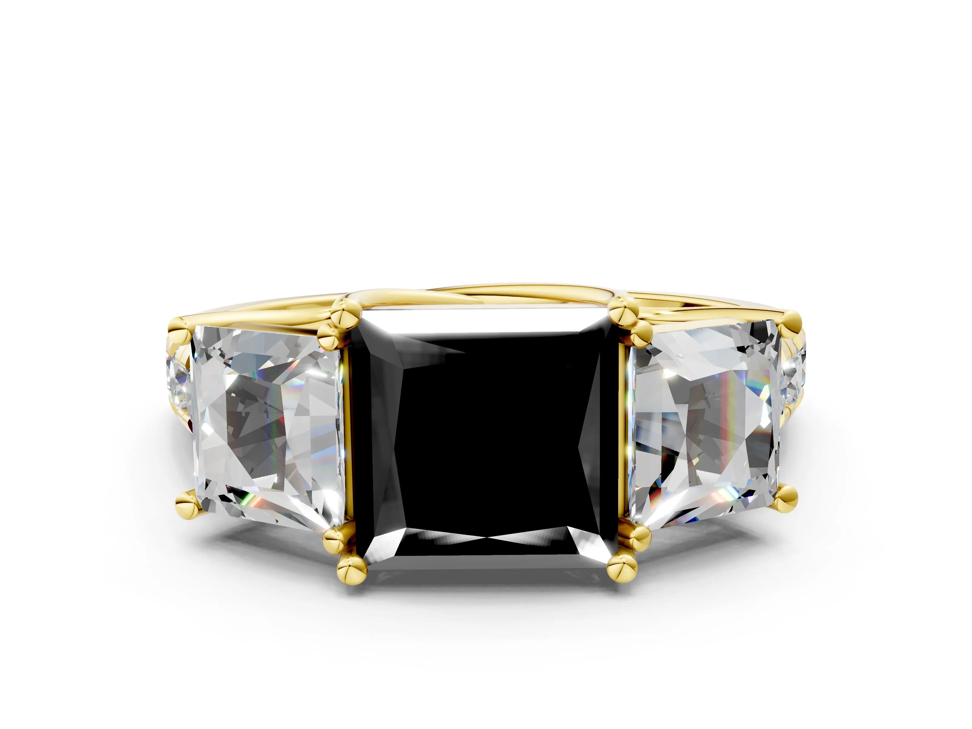 Yellow gold Three-Stone Fancy Black Princess Cut Diamond Pavé Band with Prong Setting