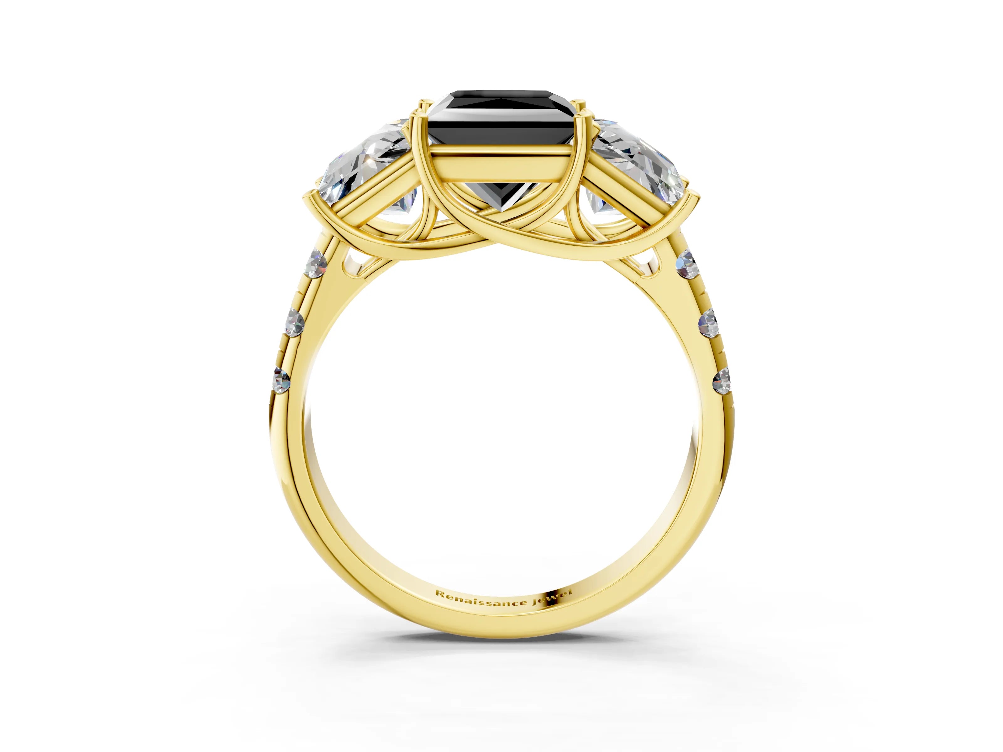 Yellow gold Three-Stone Fancy Black Princess Cut Diamond Pavé Band with Prong Setting_3