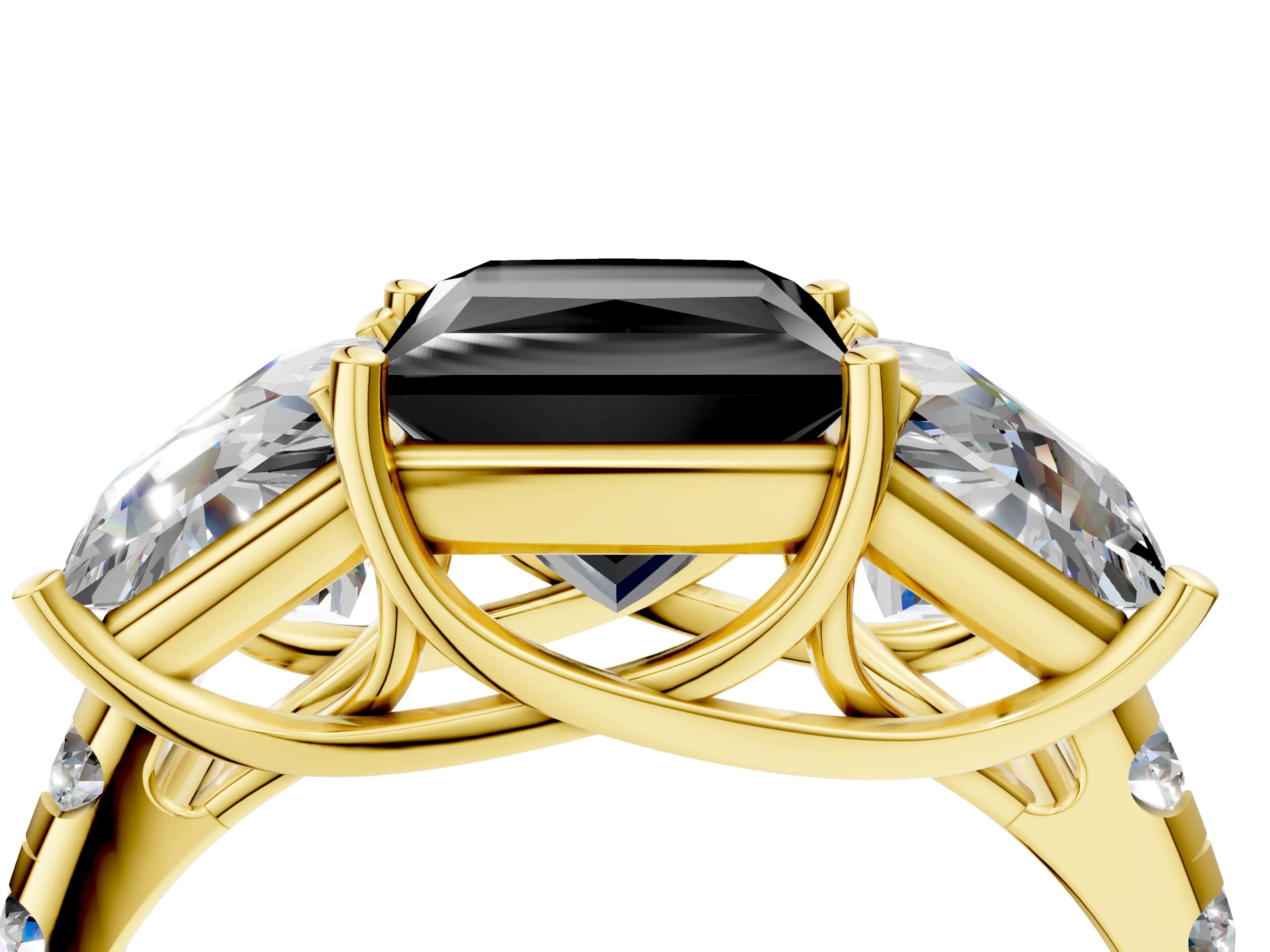 Yellow gold Three-Stone Fancy Black Princess Cut Diamond Pavé Band with Prong Setting_4