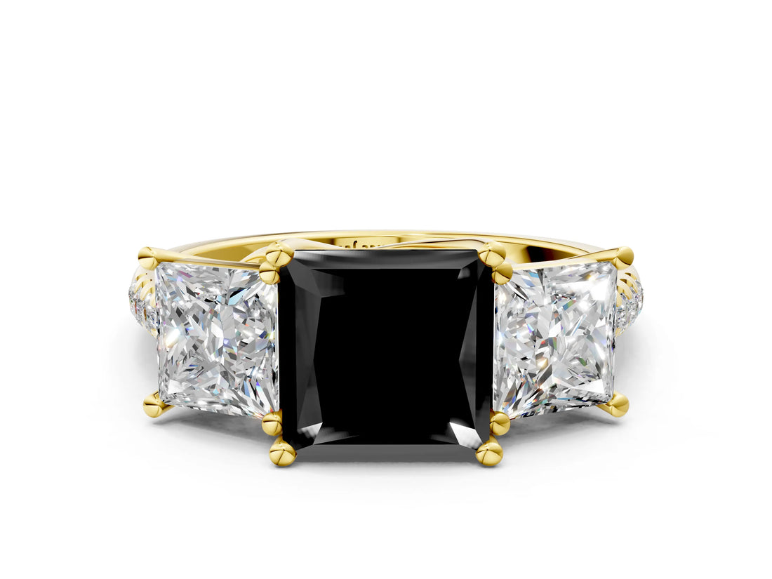 Yellow gold Three-Stone Fancy Black Princess Cut Diamond Ring with Pavé Band and Prong Setting_24