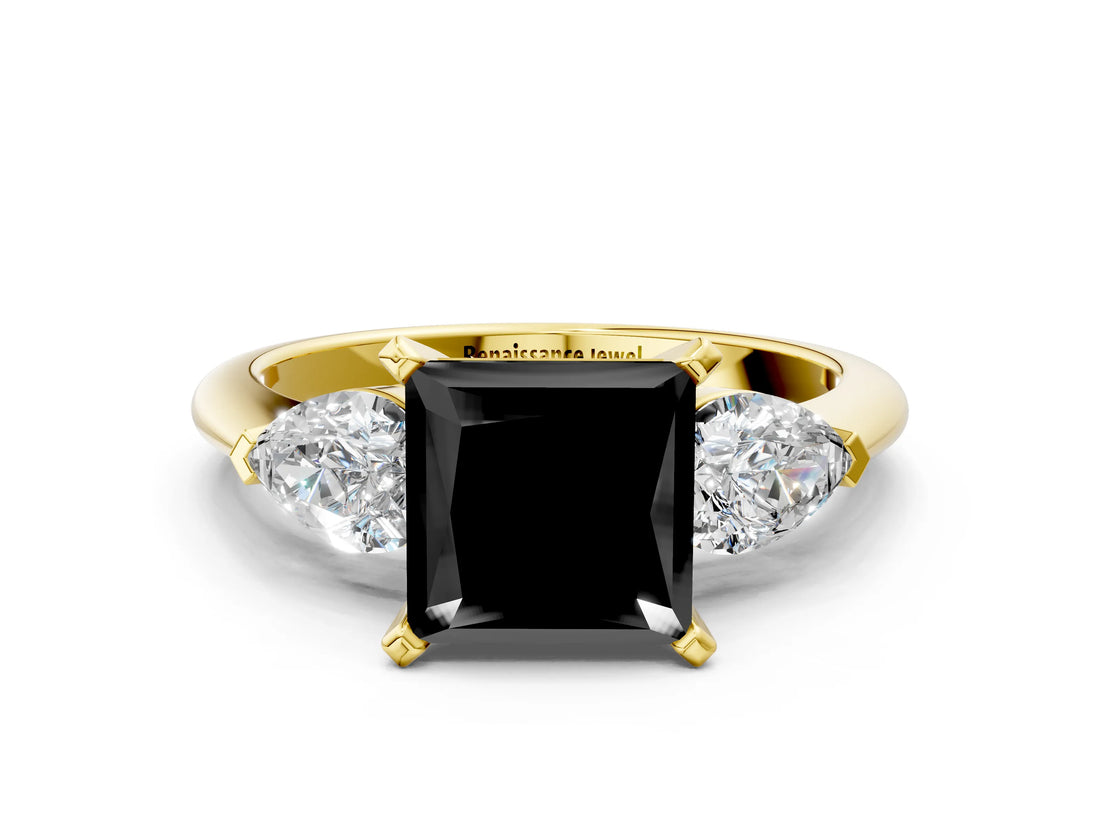 Yellow gold Three-Stone Fancy Black Princess Cut Diamond Ring with Pear Side Stones and Four-Prong Setting