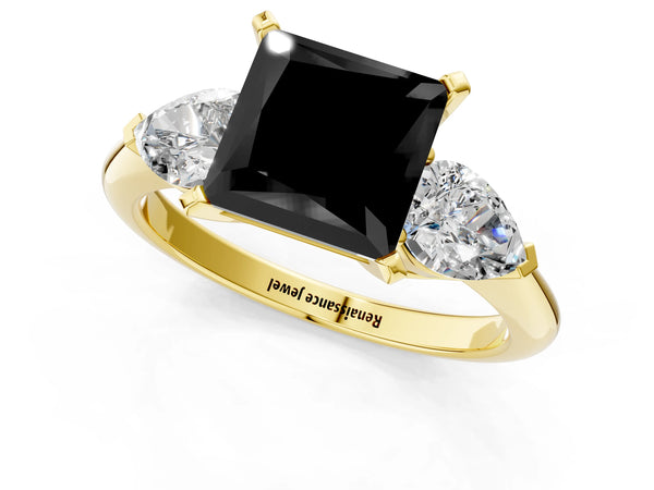 Yellow Gold Princess Cut Three Stone Engagement Ring Setting for Black Center with Pear Side Stones