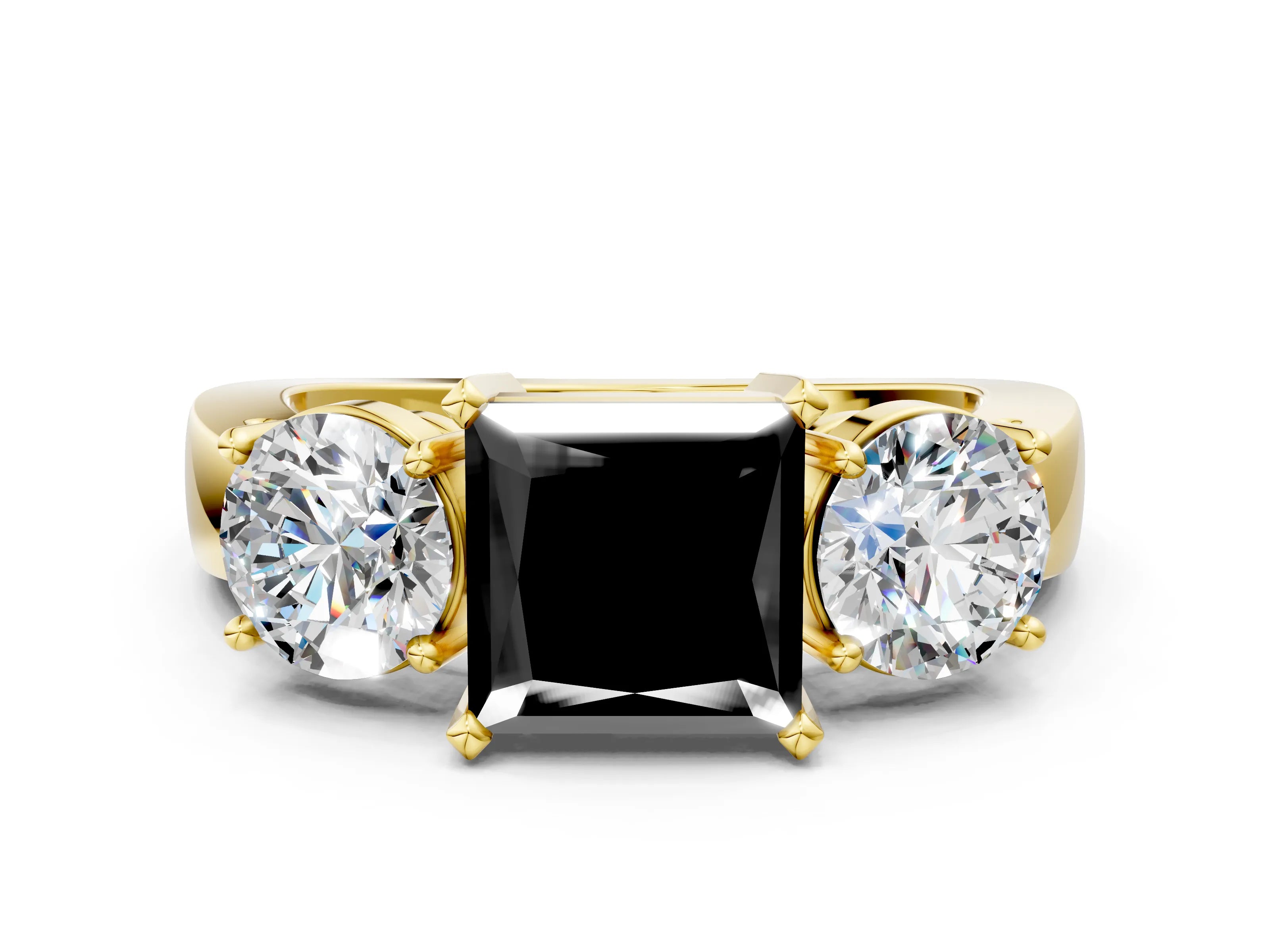 Yellow gold Three-Stone Fancy Black Princess Cut Diamond Ring with Round Side Stones, Classic Band, and Four-Prong Setting