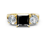 Yellow gold Three-Stone Fancy Black Princess Cut Diamond Ring with Round Side Stones, Classic Band, and Four-Prong Setting