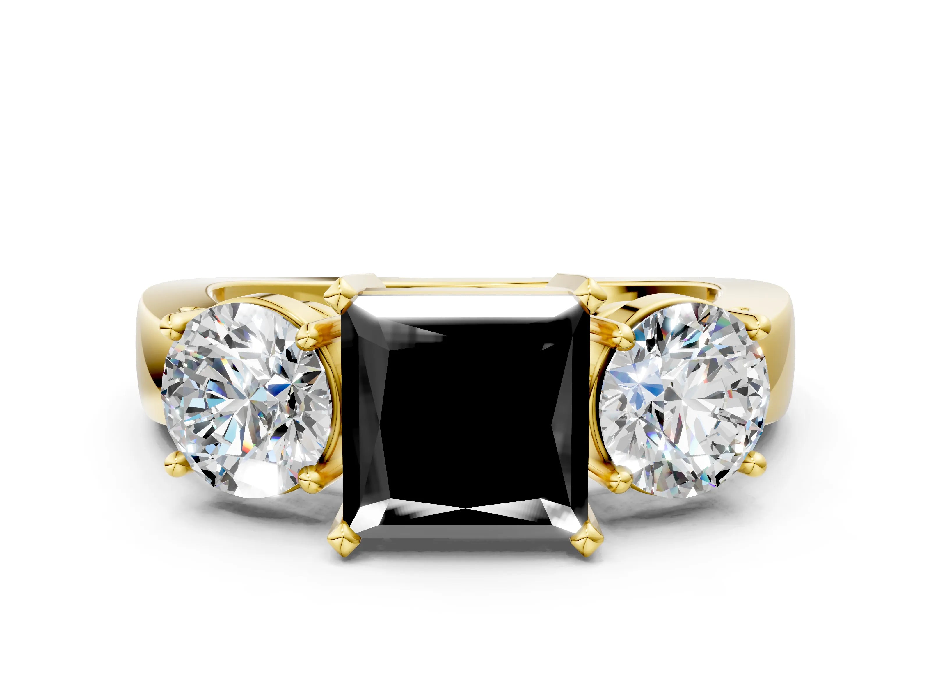 Yellow gold Three-Stone Fancy Black Princess Cut Diamond Ring with Round Side Stones, Classic Band, and Four-Prong Setting_12