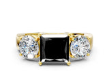 Yellow gold Three-Stone Fancy Black Princess Cut Diamond Ring with Round Side Stones, Classic Band, and Four-Prong Setting_12