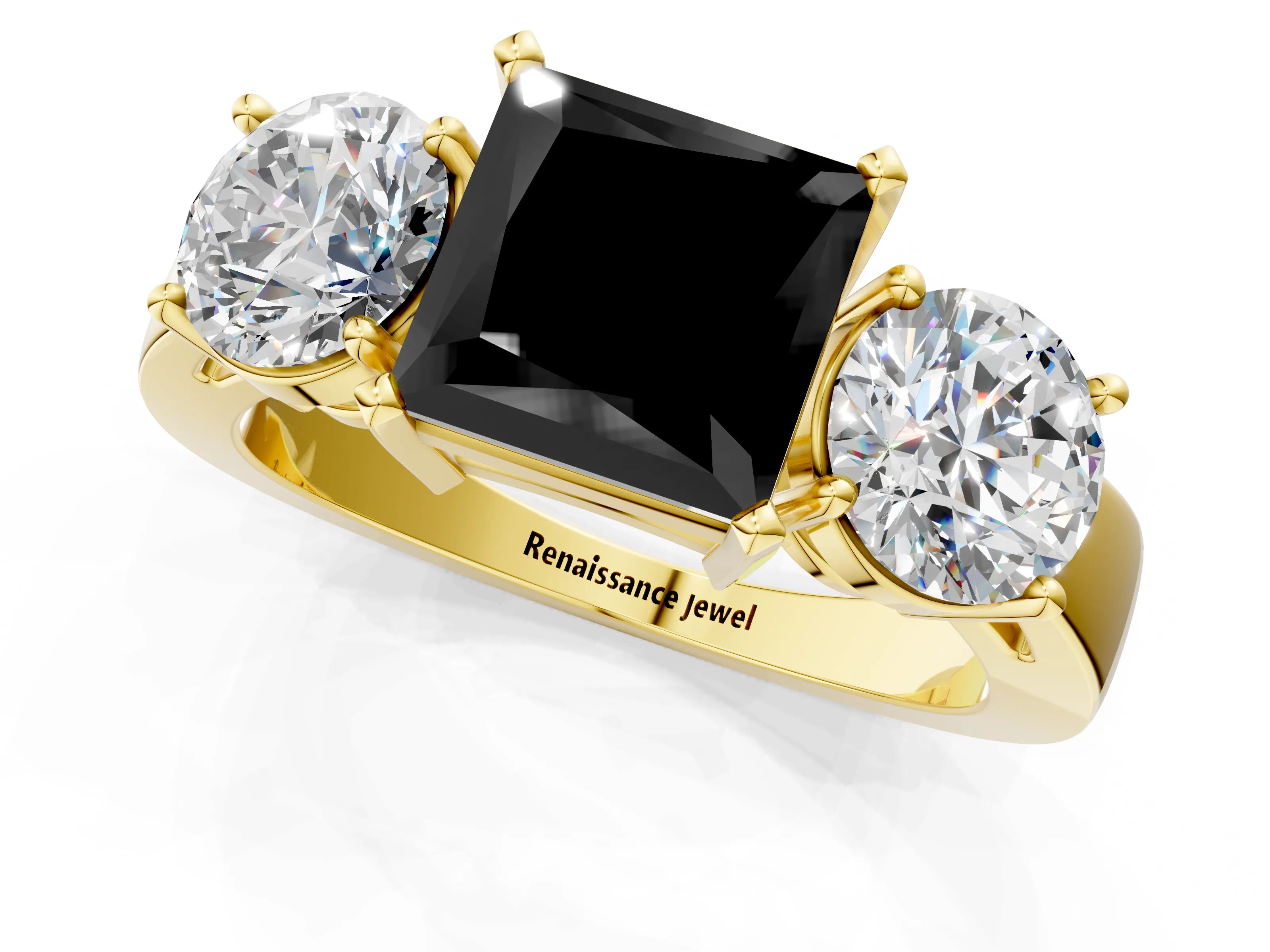 Yellow gold Three-Stone Fancy Black Princess Cut Diamond Ring with Round Side Stones, Classic Band, and Four-Prong Setting_13