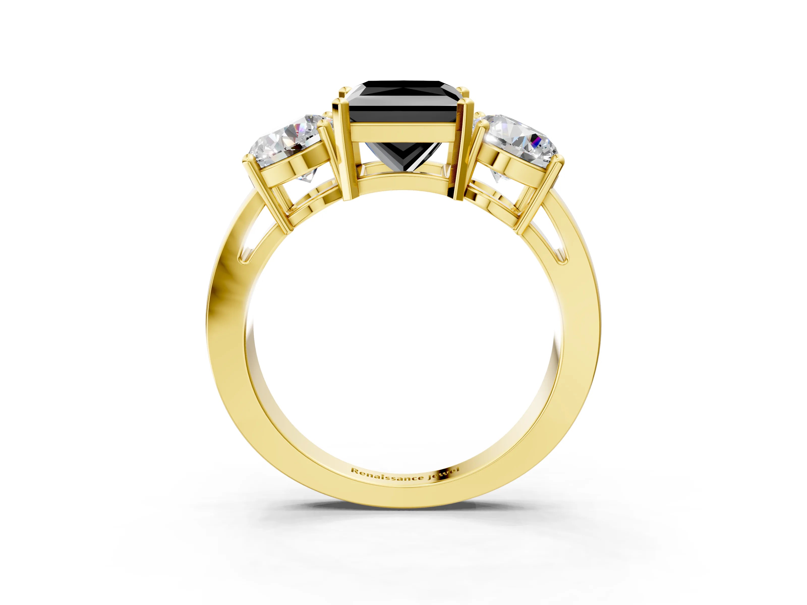 Yellow gold Three-Stone Fancy Black Princess Cut Diamond Ring with Round Side Stones, Classic Band, and Four-Prong Setting_15