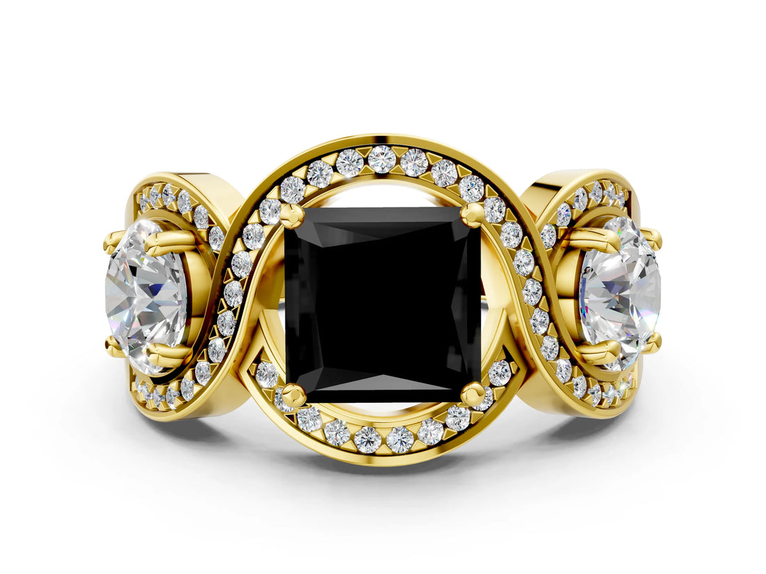 Yellow gold Three-Stone Fancy Black Princess Cut Diamond Wave Pave Band with Prong Setting
