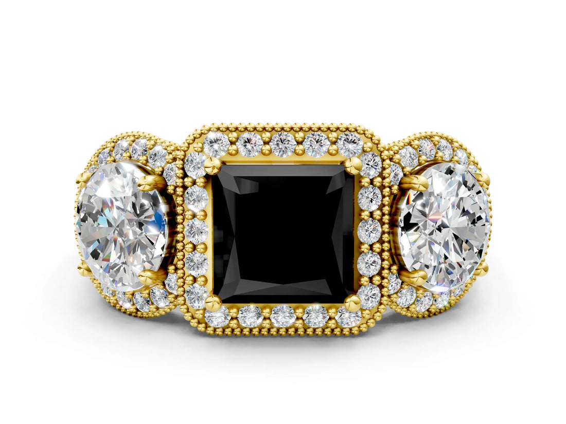 Yellow gold Three-Stone Fancy Black Princess Cut Halo Diamond Milgrain Band with Four-Prong Setting